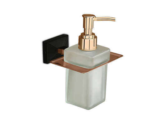 Rose Gold & Frosted Glass Soap Dispenser with Black Wall Mount