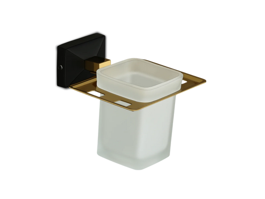 Wall-Mounted Toothbrush & Tumbler Holder – Black & Gold Finish"