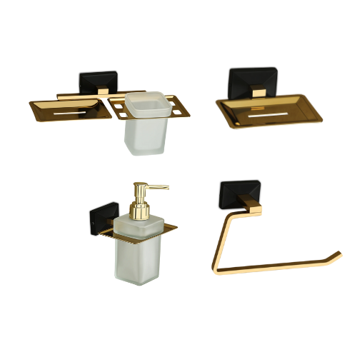 4 COMBO SET- GOLD BLACK SERIES - SOAP DISH + SOAP DISH WITH TUMBLER + LIQUID SOAP DISPENSER + NAPKIN RING