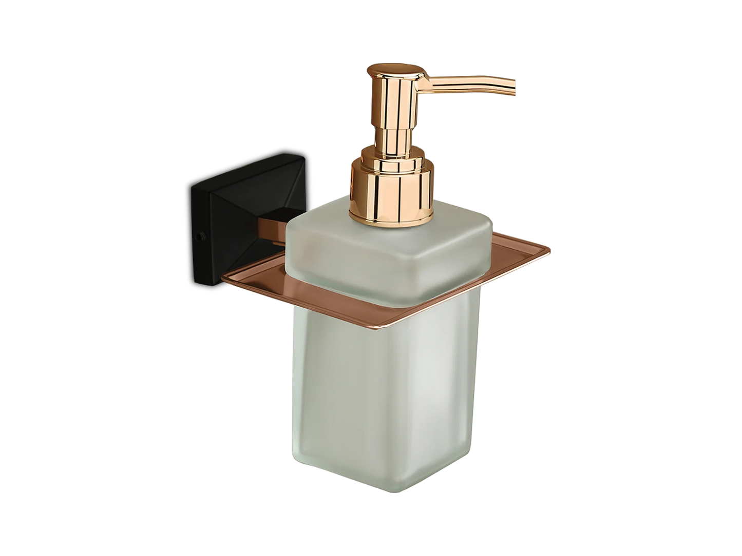 Rose Gold & Frosted Glass Soap Dispenser with Black Wall Mount