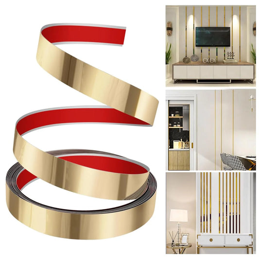 Golden Metal Trim Wall Strip, 201 Stainless Steel Self Adhesive Peel and Stick Wall Trim Metalized Mirror-Like Finish for Wall Ceiling Floor Cabinet Tile Edge Moulding 10mm 15mm 20mm